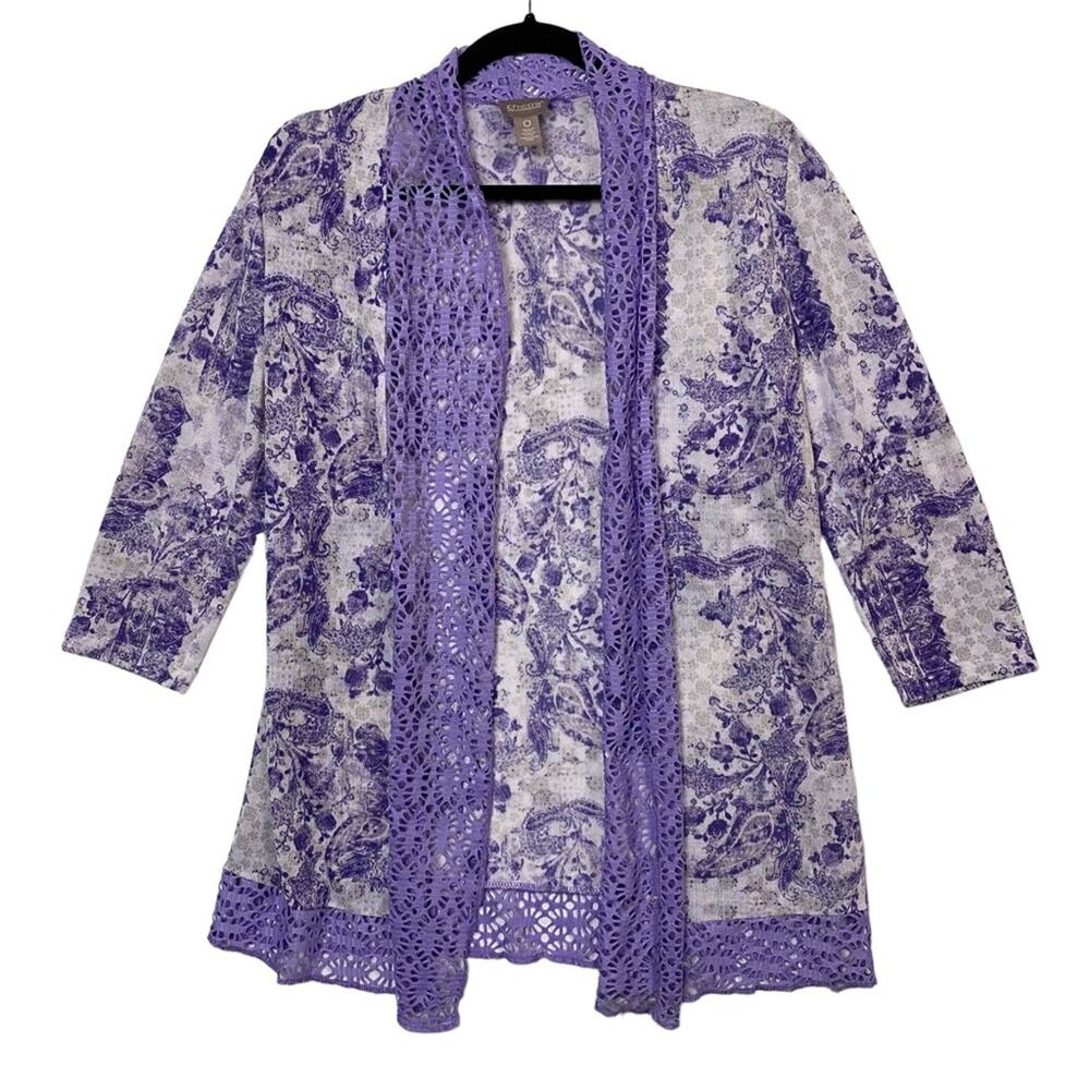 Chico's Purple Paisley Lightweight Lace Trim Open Front Cardigan Sweater Small